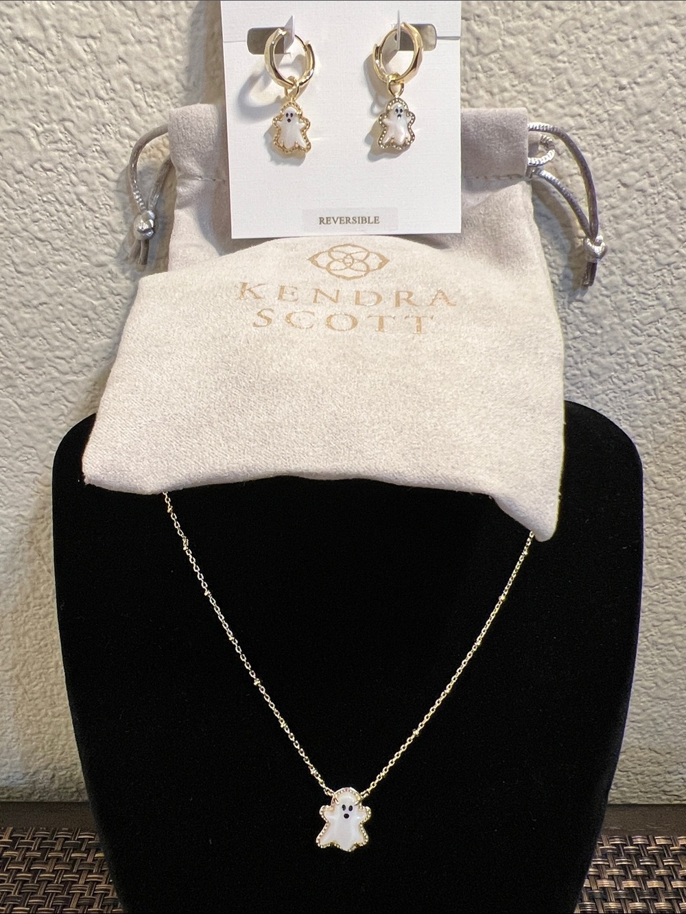 Kendra Scott Gold and White Ghost Pendant Necklace and Hoop Charm Earrings
